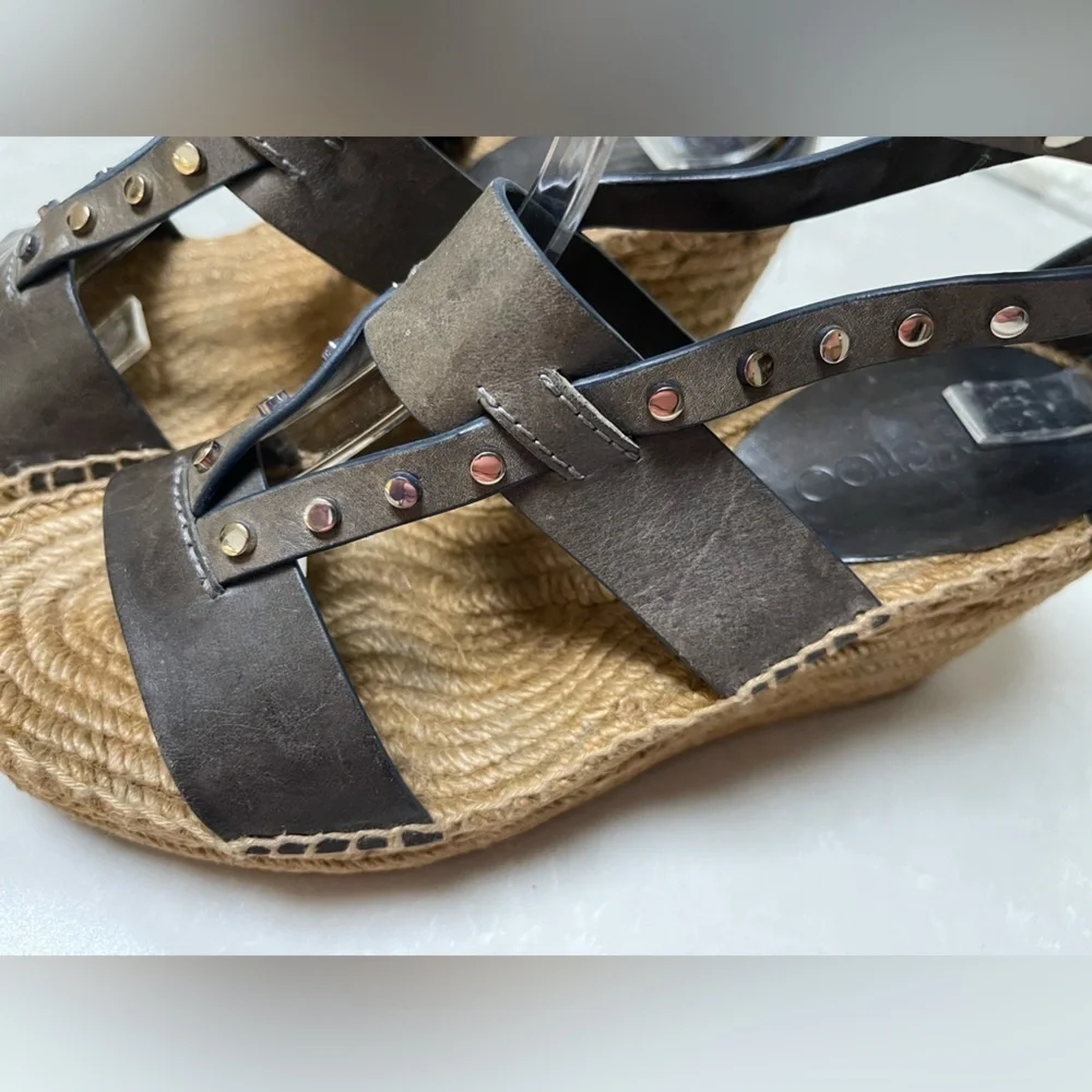 GUC Jimmy Choo Raffia Calfskin Stud Danica 80mm Wedge Sandals. Size 37 1/2